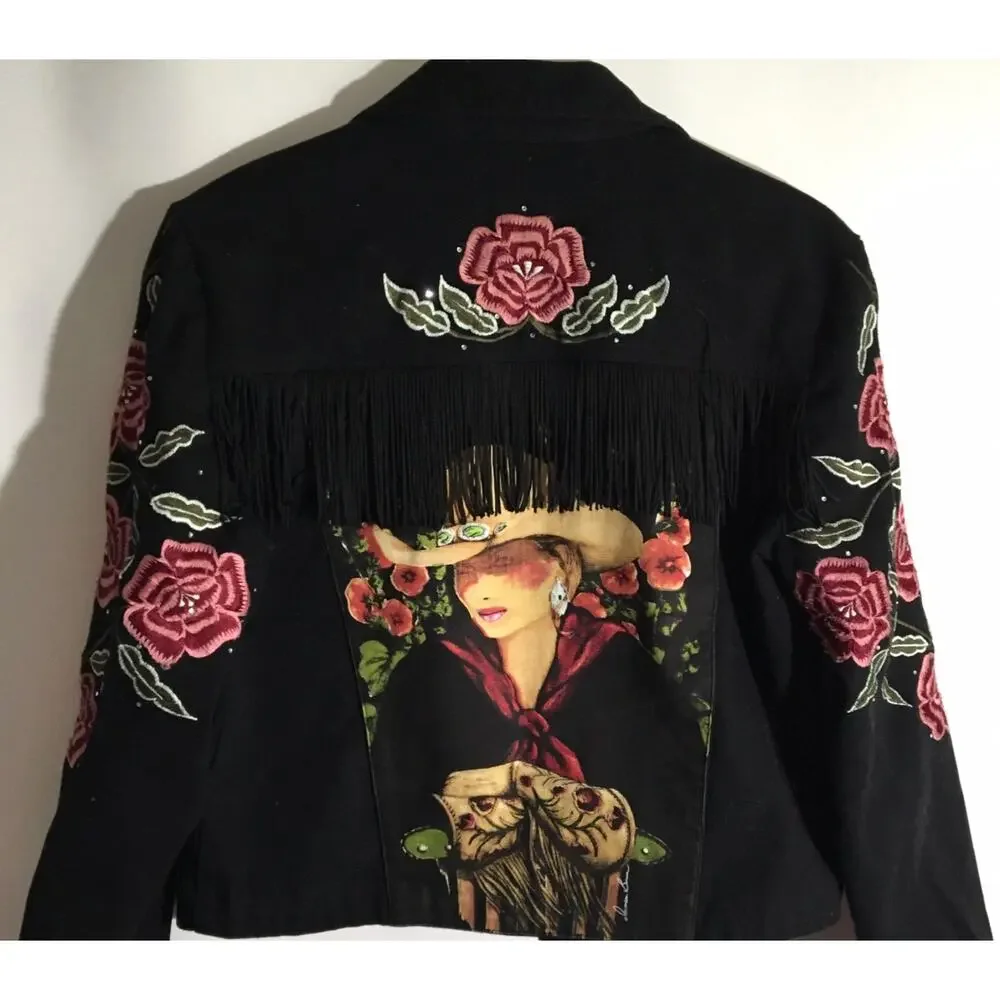 Doreman Burns Cowgirls Black Denim Fringe Floral Embroidered Western Jacket Sz S - Picture 4 of 6